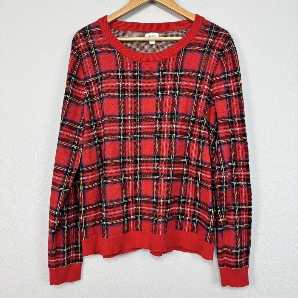 J.Crew Tartan Jacquard Pullover Sweater Women's XL Red Tartan Plaid 100% Cotton - Picture 1 of 12